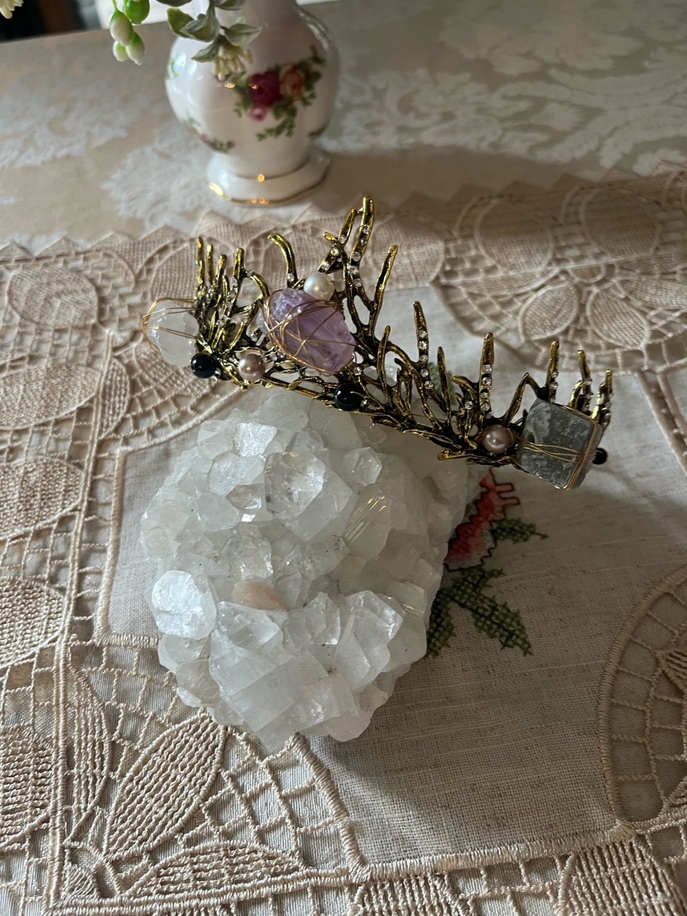 Handcrafted Gold Crystal Crown Hairpiece with Lavender and Clear Stones